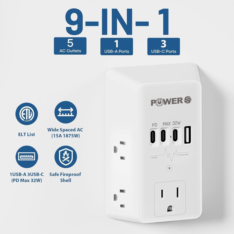 POWERS 20W PD Fast Charging Wall Outlet with USB Ports (3C1A), Electrical Outlet Extender, Surge Protector, Wall Plug Adapter for Multiple Devices, Wall Socket Expander - Image 3